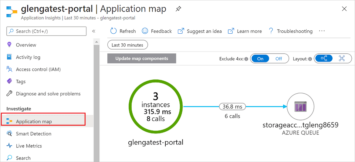 Example of an application map of an HTTP trigger function with a Queue storage output binding