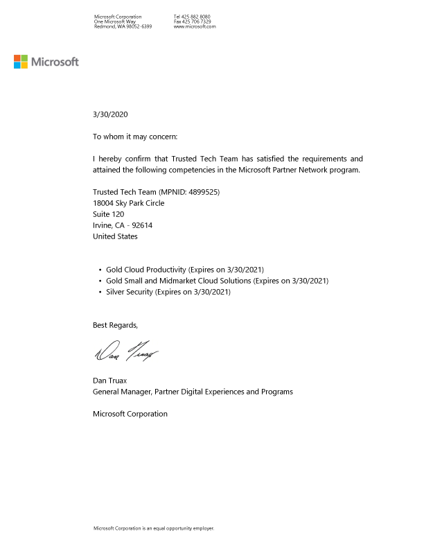 Microsoft Gold Competency Letter
